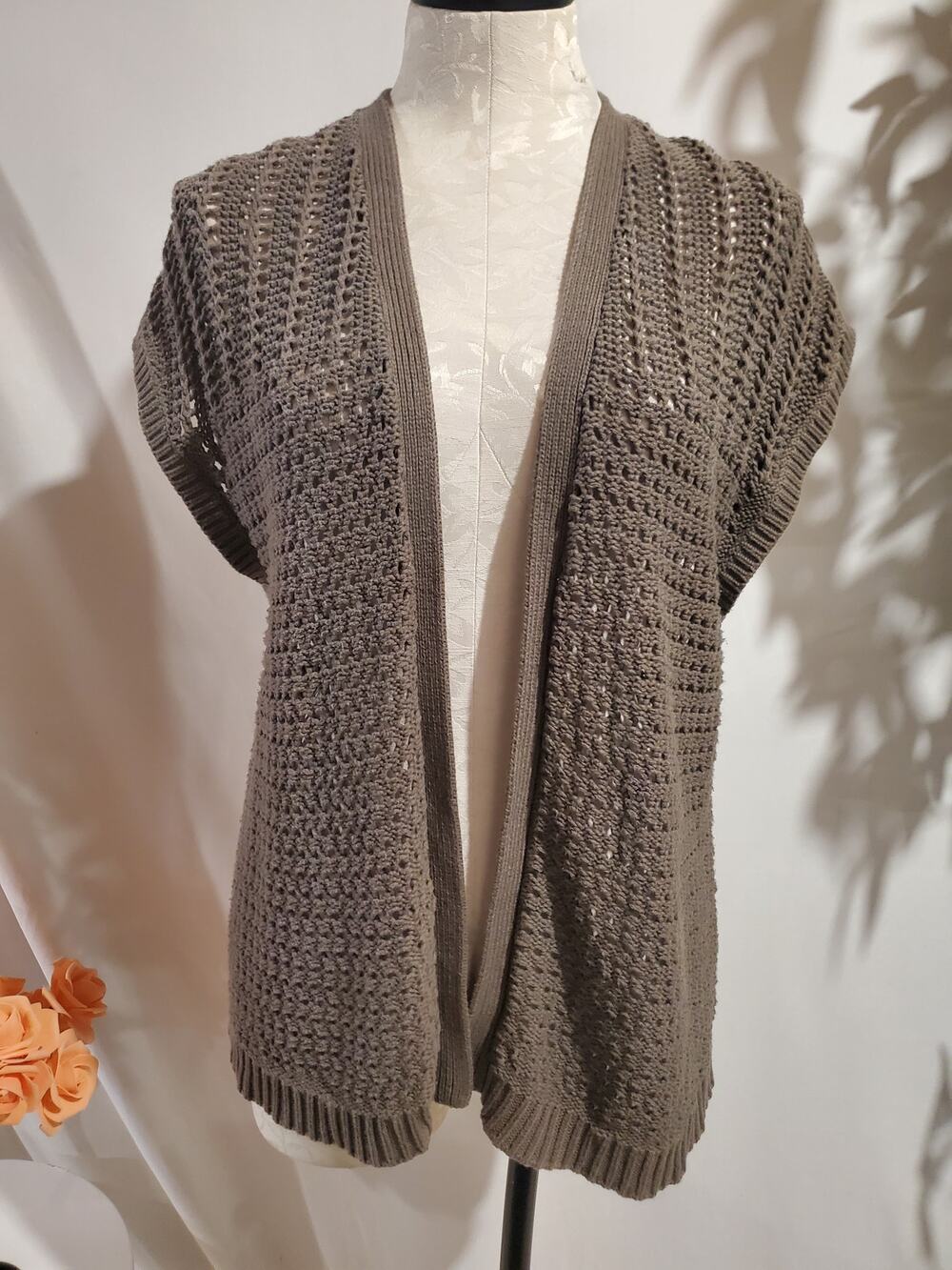 Old Navy Crochet Open Knit Cardigan Womens Size L Brown Hippie Boho Layer Y2K